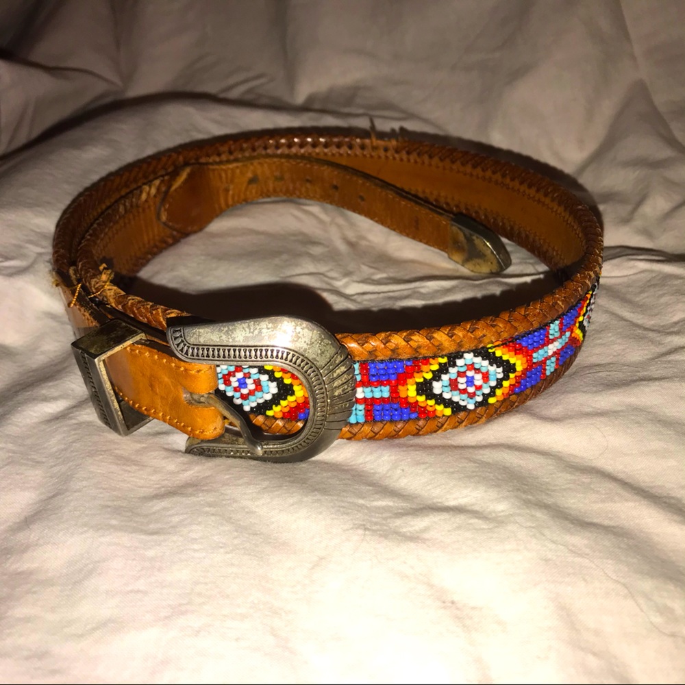 Western Style Beaded Belt with Silver Buckle